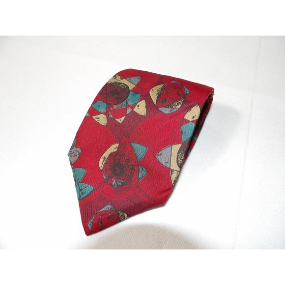 Vtg Montagu Mens Silk Neck Tie Abstract Shapes Red Geometric USA Art Deco - Picture 9 of 9